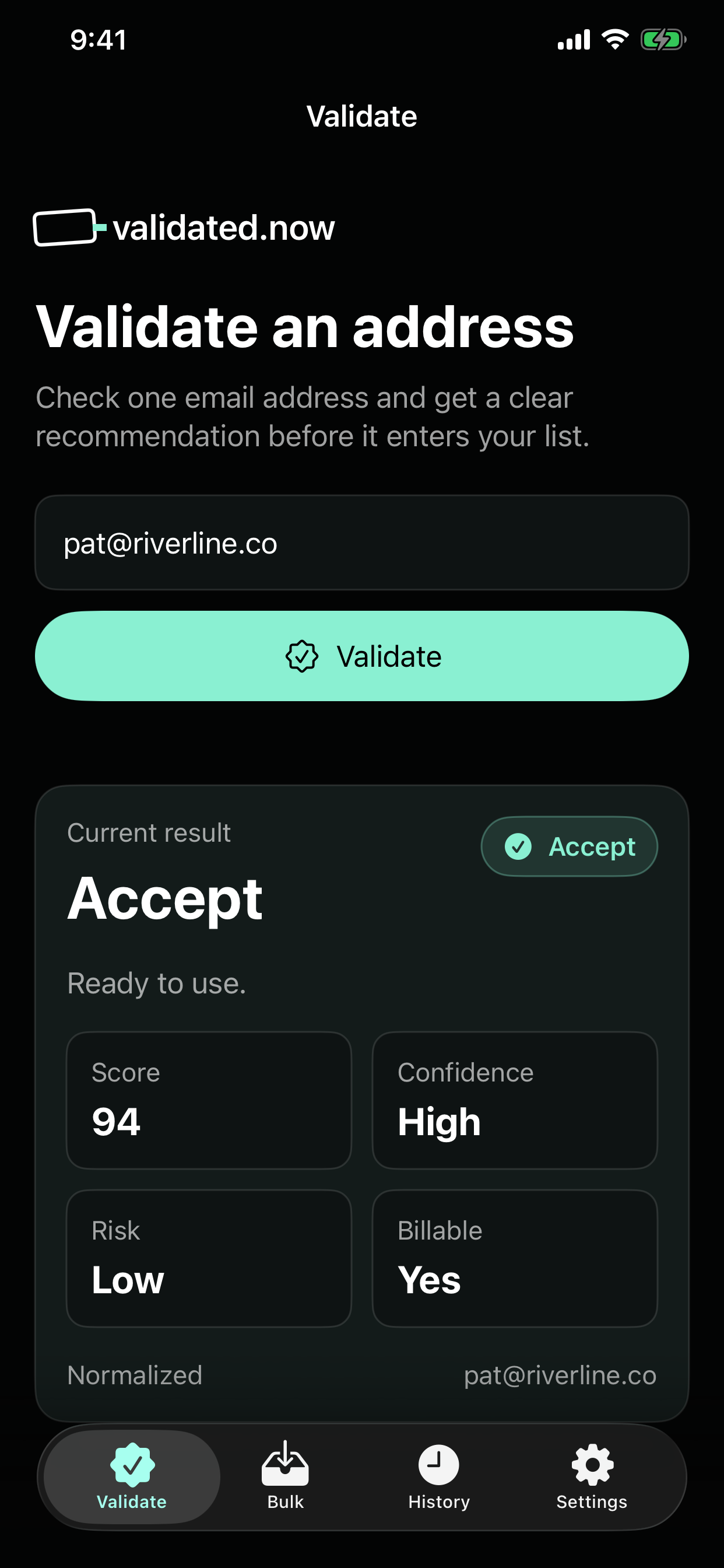 The validated.now iPhone app showing an accepted email validation result